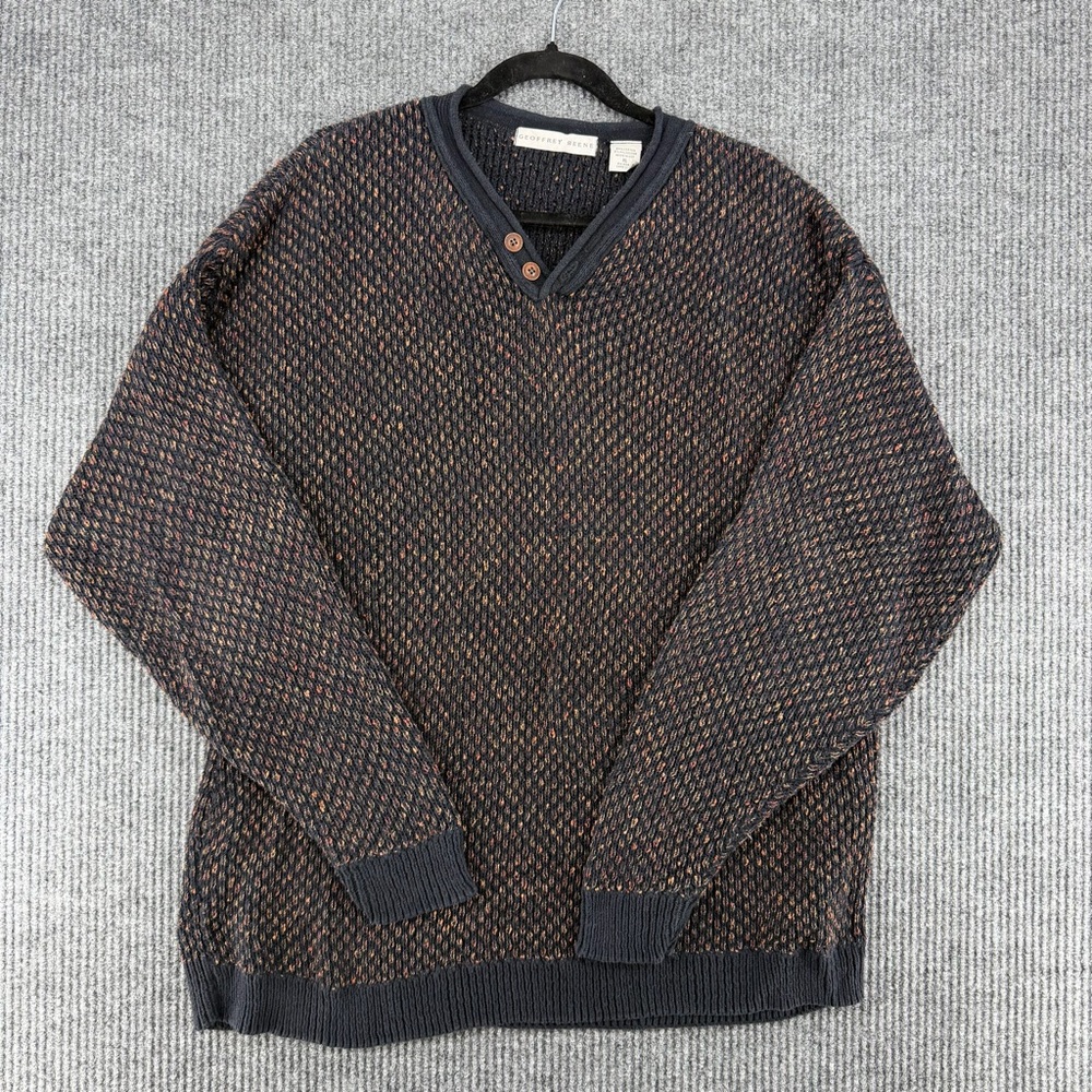 Vintage Speckled Chunky Knit‎ Sweater XL Made in USA Henley Geoffrey Beene